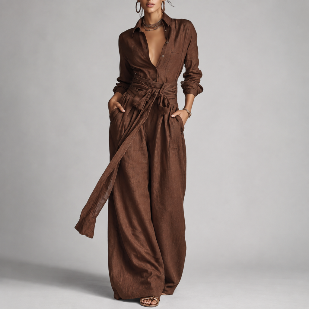 Maia | Woven Cotton-Linen Collar Shirt Jumpsuit with Belt